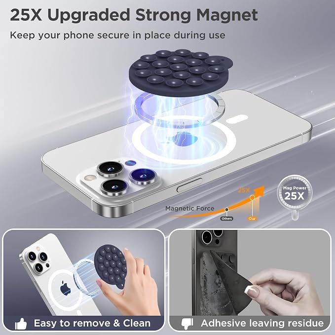 Magnetic Suction Cup Phone Mount with MagSafe, Silicone Hands-Free Grip Holder for iPhone Case and Android, Mirror Shower Phone Stand for Makeup FaceTime Gym Kitchen Bathroom, Midnight Blue