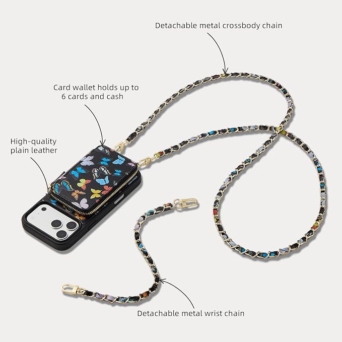 ZVE for iPhone 17 Pro Wallet Case with Card Holder, RFID Blocking Crossbody Chain Phone Cover for Women 6.3" Butterfly