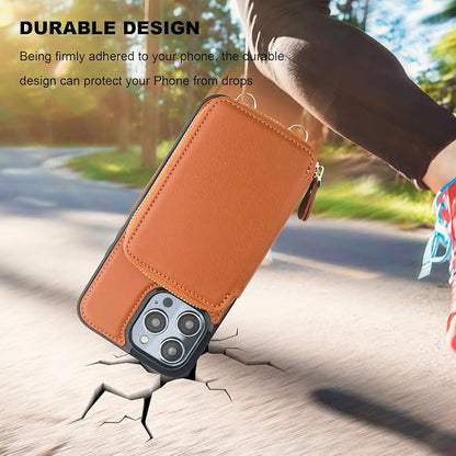 Bocasal RFID Blocking Wallet Case for iPhone 14 Pro, Adjustable Crossbody Zipper Purse Case Card Holder with Kickstand Detachable Wrist Strap, PU Leather Flip Folio Case 6.1 Inch 5G (Brown)