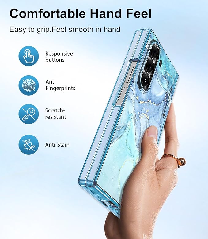 Btscase for Samsung Galaxy Z Fold 6 Case,Built in Front Screen Protector,Gold Glitter Marble Pattern Hard PC Slim Shockproof Full Body Drop Protective Case for Galaxy Z Fold 6 5G, Blue Cyan