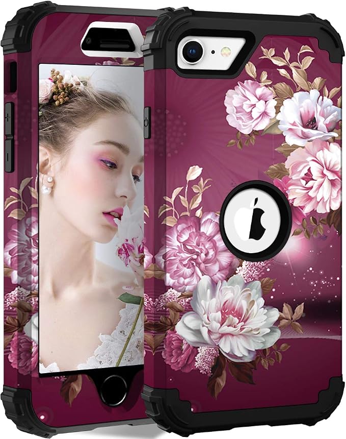 Hocase for iPhone SE 2022/2020 Case, Heavy Duty Shockproof Protection Hard Plastic+Silicone Rubber Hybrid Protective Case for iPhone SE 3rd/2nd Generation (4.7") - Royal Purple Flowers