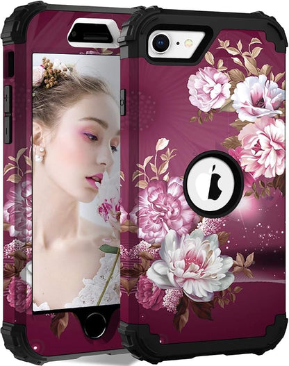 Hocase for iPhone SE 2022/2020 Case, Heavy Duty Shockproof Protection Hard Plastic+Silicone Rubber Hybrid Protective Case for iPhone SE 3rd/2nd Generation (4.7") - Royal Purple Flowers