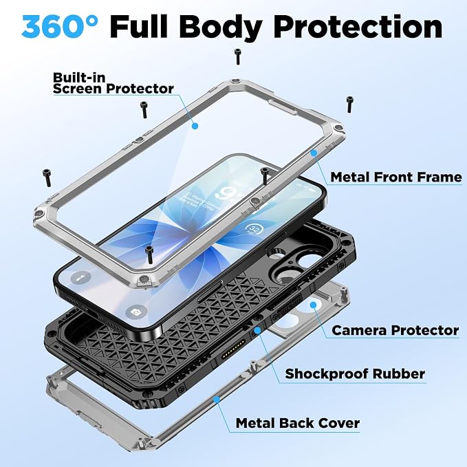 Beasyjoy for iPhone 17 Case Waterproof, Heavy Duty Metal Full Body Protection, Built-in Screen Protector, Military Grade Shockproof Dustproof Rugged Cover for iPhone 17 6.3 inch, Silver