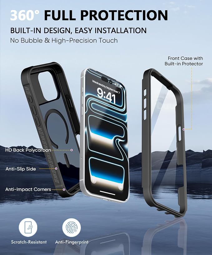 Compatible with iPhone 17 Pro Max Case Black, Built-in Screen Protector, [Compatible with MagSafe] Full Body Rugged Phone Case, Shockproof Protective Magnetic Cover for 17 ProMax 6.9" (Black)