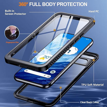Hualele Pixel 8a Case Waterproof, Built in Lens & Screen Protector Rugged Full Body Heavy Duty Protective Shockproof IP68 Underwater Cover for Google Pixel 8a Black