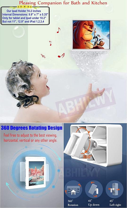 Shower Tablet Holder Waterproof Compatible with Ipad, Wall Mounted Bathroom Tablet Case 360° Rotation,Adhesive Touchable Cradle with Glass Anti-Fog Screen for Bathtub Kitchen White R