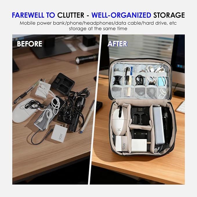 Cable Organizer Bag, Electronic Accessories Travel Case, Waterproof Double Layer Storage Bag for Charger, Cord, Phone, Earphone, Portable Carry Pouch for Travel & Daily Use (Black)