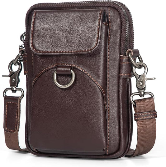 Augus Genuine Leather Small Crossbody Bag Cell Phone Messenger Purse Shoulder Waist Bag for Daily Use for Women and Men