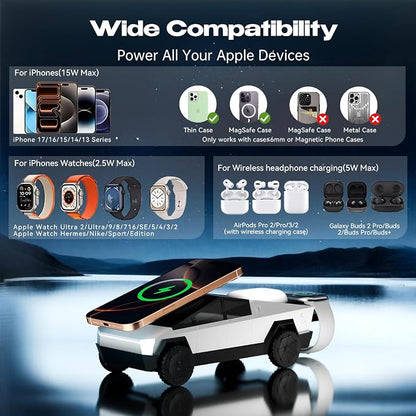 CyberDock (Latest Model) - 3-In-1 Wireless Charging Station for iPhone iWatch AirPods, Cybertruck 1:25 Scale Charger with Qi2 15W Fast Charging, Magnetic Rotation & Ambient Light, 30W Adapter (Sliver)