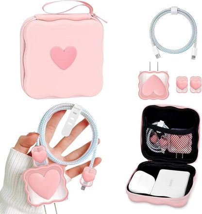 CameCosy Phone Charger Storage Case Cover Sets with Cable Protector for iPhone Charger, Wave Travel Storage Bag, Earphone Wire Saver Cable Organizer Soft Cute Cable Protector (Pink Love Heart)