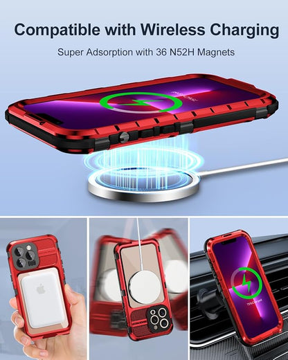 WIFORT for iPhone 13 Pro Waterproof Case - Metal 360 Full Body [IP68 Water Proof][Built-in Screen Protector][14FT Military Shockproof][Compatible with MagSafe] Dustproof Protective Cover, 6.1" Red