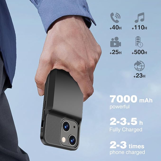 GIN FOXI Battery Case for iPhone 13/13 Pro/14/14 Pro, Charging Case Real 7000mAh Rechargeable Charger Cover Anti-Fall Protection Ultra-Slim Extended Battery Pack Juice Box, 6.1" Black