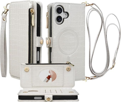 Crossbody Wallet Case for iPhone 16 Plus with Mirror, Wrist Strap, Zipper Purse Magnetic Flip RFID Blocking Card Holder, Wireless Charging, PU Leather Shockproof 6.7" Women (White)