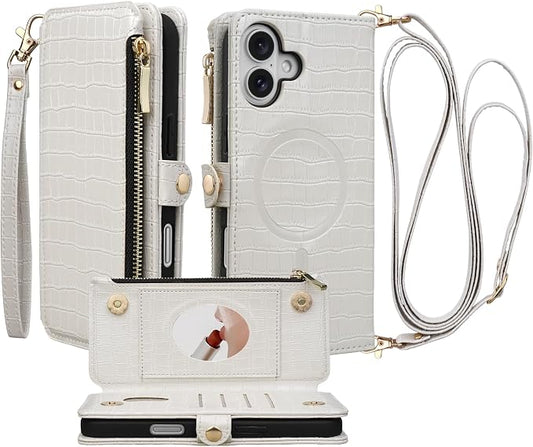 Crossbody Wallet Case for iPhone 16 Plus with Mirror, Wrist Strap, Zipper Purse Magnetic Flip RFID Blocking Card Holder, Wireless Charging, PU Leather Shockproof 6.7" Women (White)