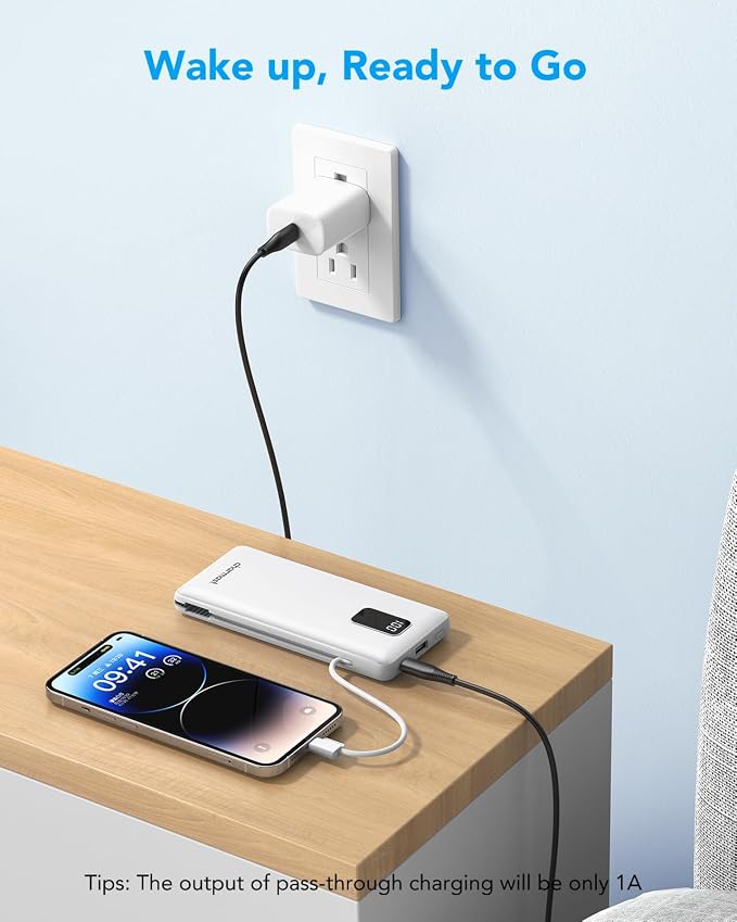 charmast Portable Charger with Built-in Cables and Plug, 10000mAh USB C Power Bank Fast Charging, External Battery Pack Slim, Travel Essentials Compatible with iPhones, Samsung Galaxy, iPad (Navy)