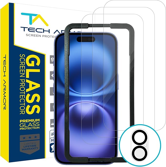 Tech Armor for iPhone 16 Plus Screen Protector Glass 6.7 inch - Ballistic Tempered, Case Friendly, Sensor Protection, HD, 9H Hardness, 3 Pack + Bonus Camera Lens Protector