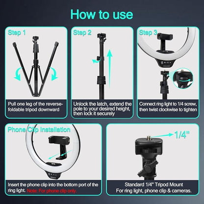 UBeesize 14'' LED Foldable Ring Light with 62'' Tripod Stand, Selfie Ring Light for Video Recording, Live Streaming, TikTok & YouTube, Compatible with iPhone & Android (Black)