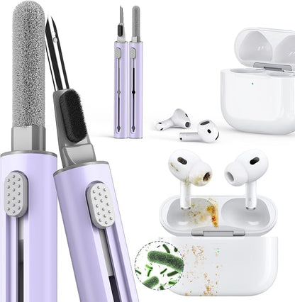 【1 Pack】 Cleaner Kit for Airpods 4 Case,Cleaning Kit Pen Shape with Soft Brush Flocking Sponge Tool for Bluetooth Earphones Headphones Charging Case,Phone,Camera and Computer(Purple)