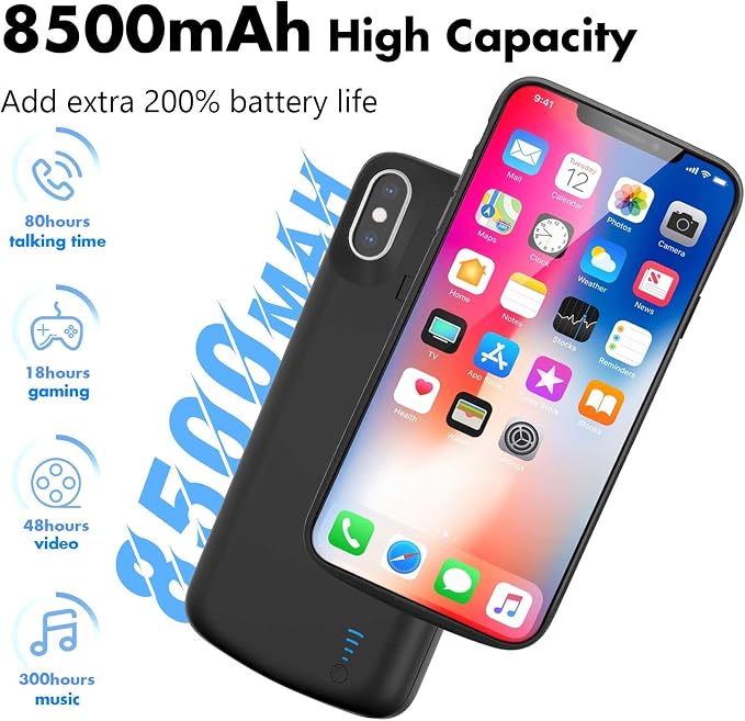 Battery Case for iPhone X/XS, Real 8500mAh Protective Charging Case with Kickstand Ultra-Slim Rechargeable Extended Battery Charger Cover - 5.8 inch Black