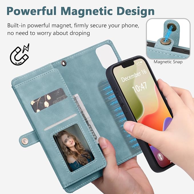 Wallet Case for iPhone 14 Plus with Card Holder/Crossbody Wallet/Strap| RFID Blocking | Magnetic | Kickstand | Detachable | PU Leather Phone Case for iPhone 14 Plus,6.7 in,Blue