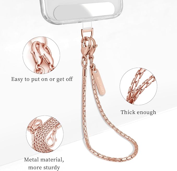 MOUTAKEY Phone Wrist Strap Metal Phone Chain Wristlet Strap Detachable iPhone Lanyard Wrist with 2 Tether Tabs iPhone Charm strap For Women girls Shopping Traveling Party Walking