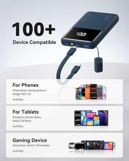 INIU Ultra Compact Power Bank, 10000mAh 45W Fast Charging Portable Charger with Detachable USB-C Cable & Stand, Flight-Safe Travel Battery Pack for Campus, Camping, for Boys, Blue