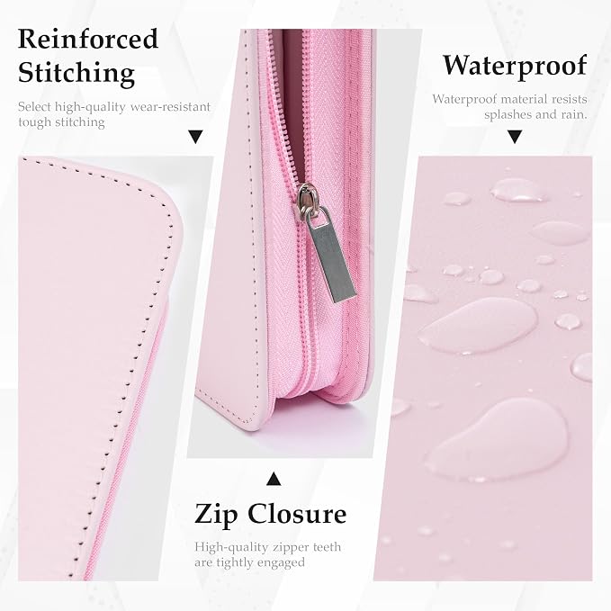EYROZILL Zippered Leather 3 Ring Binder Organizer with Pockets – Business Portfolio Folder with Card Slots, Phone Holder, Pen Loop (Pink)