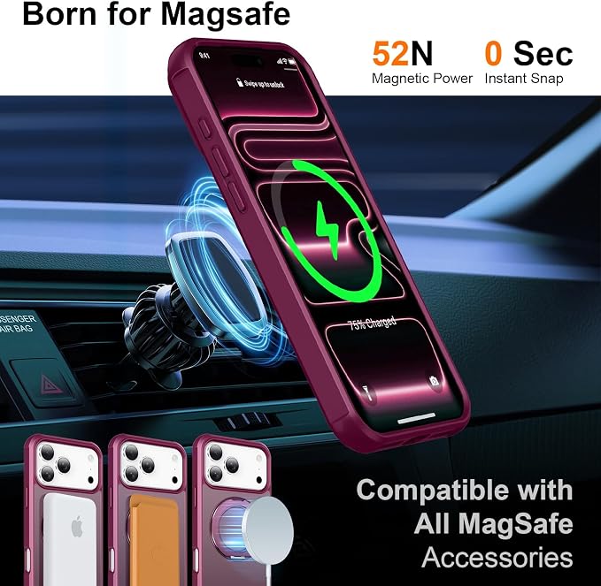 360° Magnetic Swivel Ring for iPhone 17 pro case, Built-in Metal Stand and Ring Holder, Magsafe Compatible, Military Grade Protection, Shock and Vibration Resistant - Wine Red