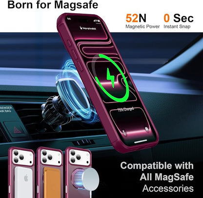 360° Magnetic Swivel Ring for iPhone 17 pro max case, Built-in Metal Stand and Ring Holder, Magsafe Compatible, Military Grade Protection, Shock and Vibration Resistant - Wine Red