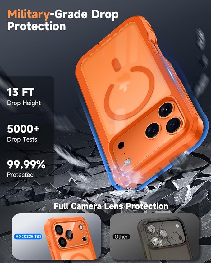 seacosmo for iPhone 17 Pro Max Case, Full Body Bumper with Built-in Tempered Glass Screen and Camera Lens Protector, Compatible with MagSafe, Shockproof 17 Pro Max Phone Case, 6.9", Orange Matte