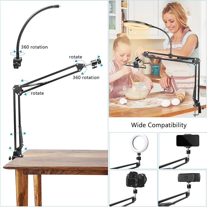 ChromLives Overhead Phone Mount with Ring Light, Overhead Tripod Phone Holder Mount for Video Recording, Flexible Articulating Arm Overhead Phone Stand Top Down Camera Mount with Light