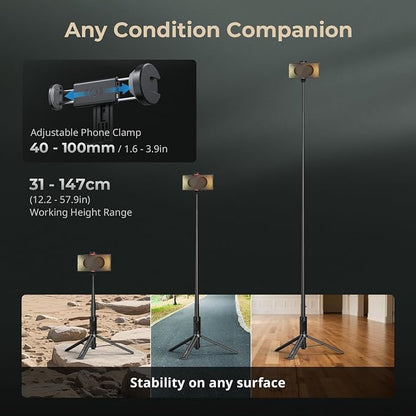 SmallRig ST30 One-Touch Deploy Selfie Stick Tripod, 57.9" Automatic Tripod Stand with Remote and Cold Shoe Mount, for iPhone, for Android, Video Recording, Travel, Vlogging, Black 5291