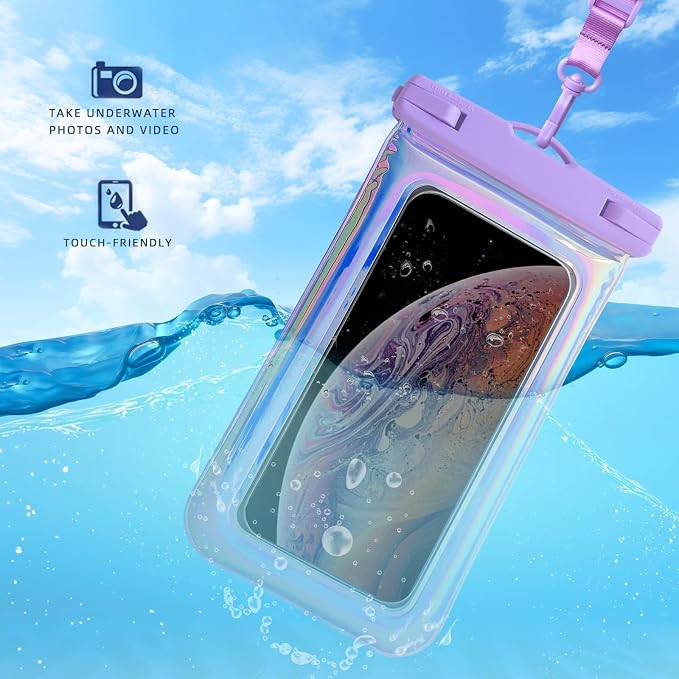 Floatable Waterproof Phone Pouch Case for iPhone 17 16 Pro Max/15/14/13/12, IP68 Travel Cellphone Dry Bag Beach Cruise Ship Essentials Bags with Crossbody Lanyard, Iridescent Purple - 7″