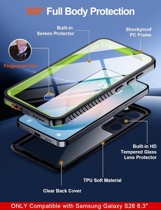MOZOTER Designed for Samsung Galaxy S26 Case Waterproof, Military Shockproof Full Body Cover with Built-in Screen & Lens Protector, IP68 Underwater Protection for S26 6.3" Green