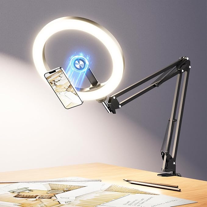 Magnetic Ring Light Overhead Camera Phone Mount for Desk, 10” Selfie Light for iPhone with MagSafe-Compatible Phone Holder for Video Recording, Zoom Meeting, Live Streaming