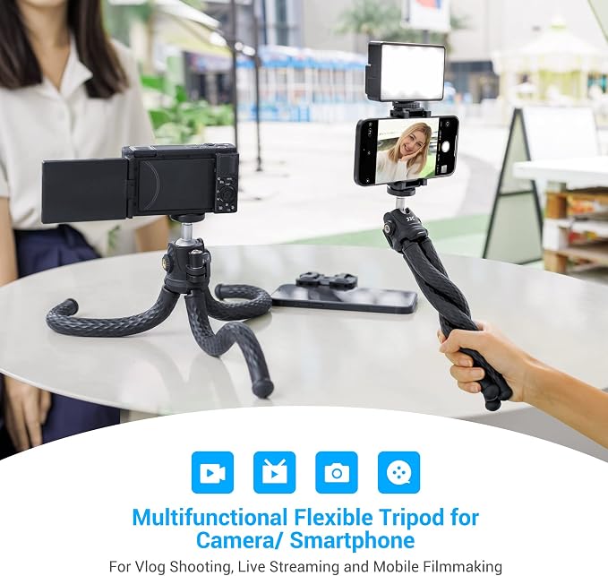 JJC 2 in 1 Flexible Mini Tripod Bendable Octopus Stand and Selfie Stick for Canon EOS M50 M6 R7 R10 G7X Sony ZV-1F ZV-1 RX100 A6100 A6400 Fujifilm X-T5 X-T4 X-T30 & More Camera [Phone Clamp Included]