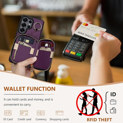 Keallce Case for Samsung Galaxy S26 Ultra 6.9'' Wallet Case,Crossbody Zipper Purse Wrist Strap Lanyard Handbag,RFID Blocking Card Slots,Flip Leather Cover for Samsung S26 Ultra,Darkpurple