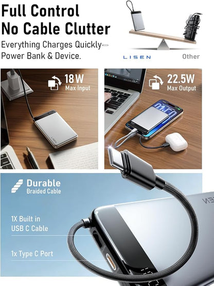 LISEN [CCC Certified] [Metal Alloy] 0.5" Ultra Slim 10000mAh Power Bank, TSA Approved Airplane Travel Essentials, Portable Charger USB C Fast Charging for iPhone 17 Air 16 15 Pro Samsung Galaxy S26