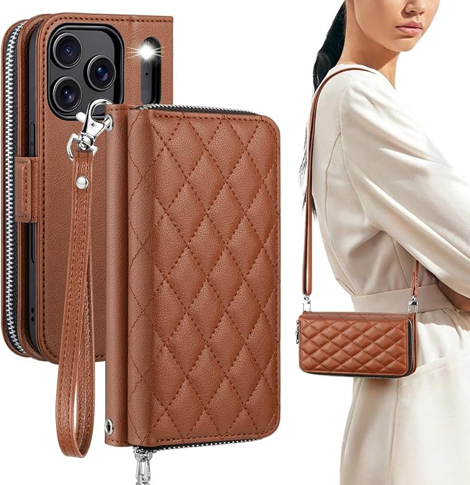 OCASE for iPhone 17 Pro Max Crossbody Wallet Case - Stylish PU Leather Handbag Phone Purse with Zipper Closure, Card Slots & RFID Blocking - Wrist Strap, Lanyard, Kickstand - Diamond Check Brown