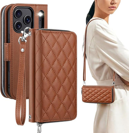 OCASE for iPhone 17 Pro Max Crossbody Wallet Case - Stylish PU Leather Handbag Phone Purse with Zipper Closure, Card Slots & RFID Blocking - Wrist Strap, Lanyard, Kickstand - Diamond Check Brown