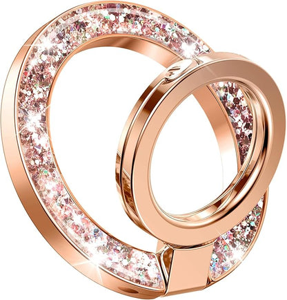 GVIEWIN Magnetic Phone Ring Holder, Compatible with MagSafe Phone Grip with Adjustable Stand, Magnet Phone Ring Kickstand for iPhone 17/16/15/14/13/12 Pro Max Plus Air/Other Phones (Glitter/Pink Gold)
