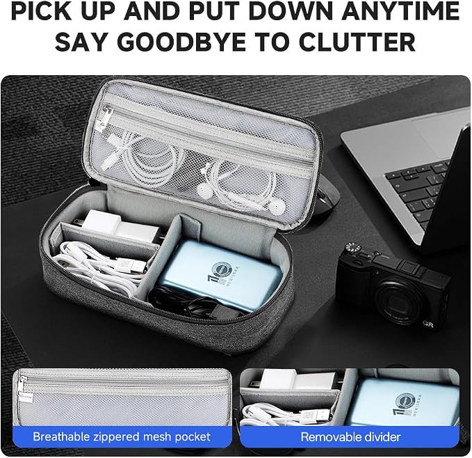Teskyer Tech Organizer Pouch with Handle, Dark Grey | Water-Resistant Fabric, Adjustable Dividers, Multiple Compartments, Protective Lining, Travel and Office Use