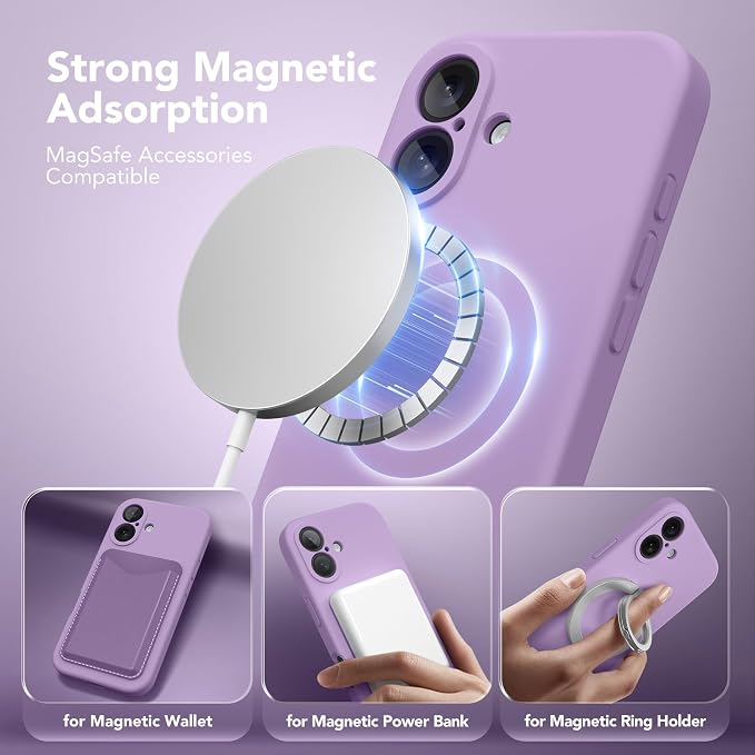 Magnetic for iPhone 16 Plus Case, Compatible with MagSafe, [Full Camera Protection][Screen Protector] Silicone Shockproof Protective Phone Case for iPhone 16 Plus 6.7", Light Purple