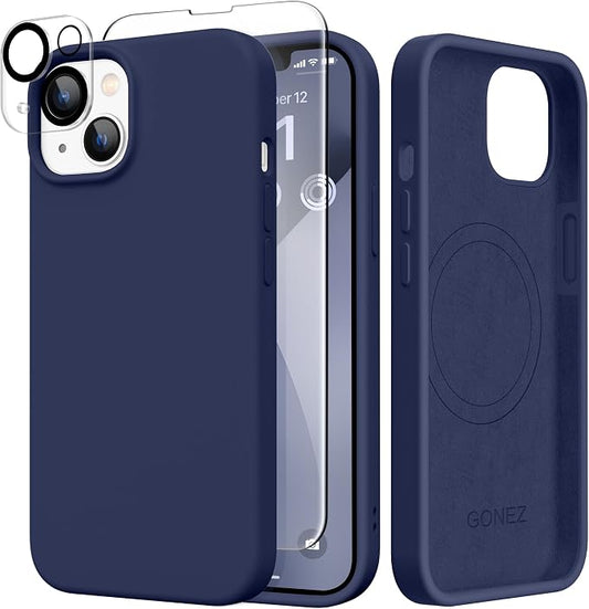 GONEZ Magnetic for iPhone 14 Case, Compatible with Magsafe, with Screen Protector + Camera Protector, Anti-Scratch Microfiber Lining, Liquid Silicone Shockproof Protective Phone Case, Midnight Blue