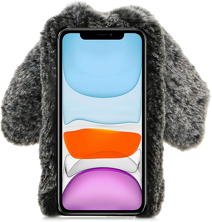 Rabbit Ear Case for iPhone 14 Pro 6.1, Crossbody Strap Case Fuzzy Fluffy Cute Women Girls Kids Plush Ball Bunny Fur Phone Case Shockproof Silicone Bumper Protective Cover,Dark Grey