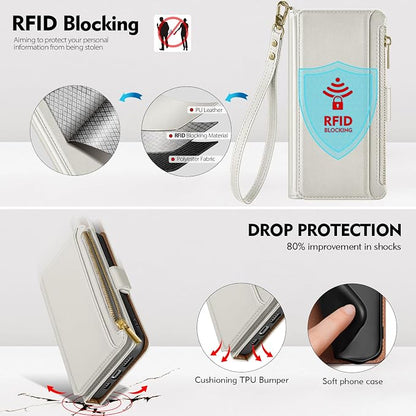 Antsturdy Compatible with iPhone 12 Wallet Case,RFID Blocking PU Leather Phone Case Women Men Kickstand Flip Cover Wrist Strap Zipper Credit Card Holder Slots,for Apple 12 Pro 6.1",Beige
