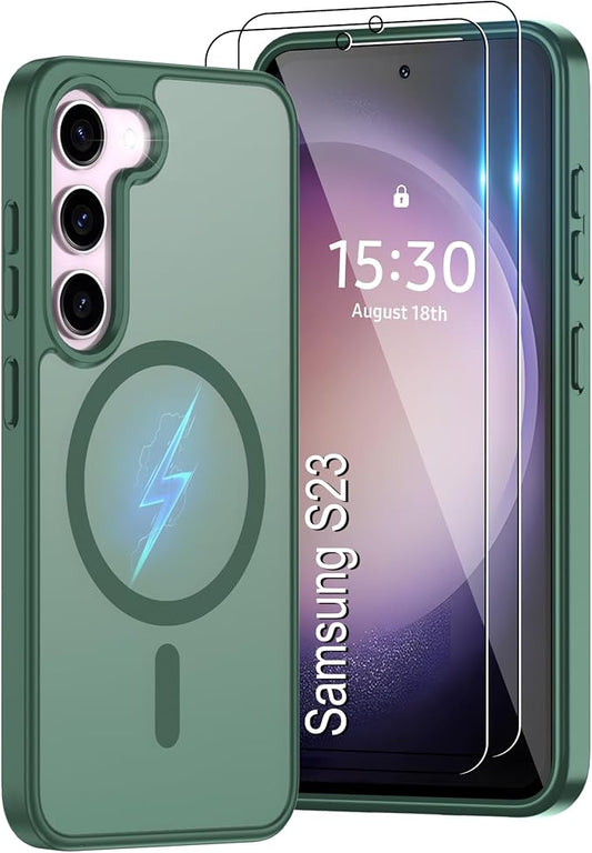 Pilaru for Samsung Galaxy S23 Case [Compatible with Magsafe] Translucent Matte Magnetic Phone Case,Slim Thin Duty Shockproof Protection Cover with 2pc Screen Protector Case for S 23-Dark Green