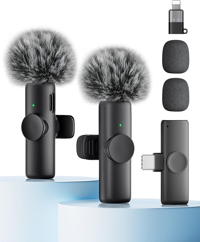 Wireless Microphone for iPhone iPad and Android Phone, 2 Pack Wireless Lavalier Lapel Mic with Noise Reduction, Plug and Play Mini Microphone for Video Recording Interview Podcast YouTube TikTok Vlog