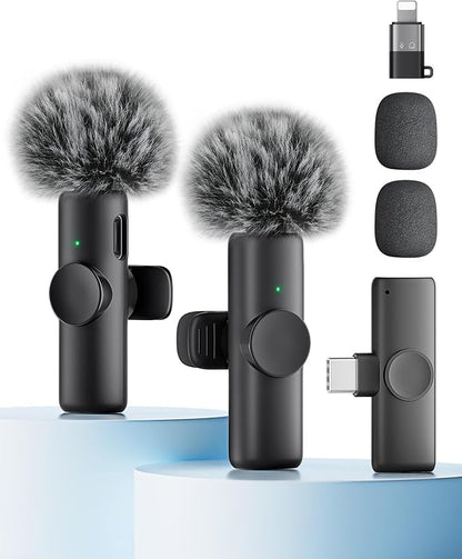 Wireless Microphone for iPhone iPad and Android Phone, 2 Pack Wireless Lavalier Lapel Mic with Noise Reduction, Plug and Play Mini Microphone for Video Recording Interview Podcast YouTube TikTok Vlog