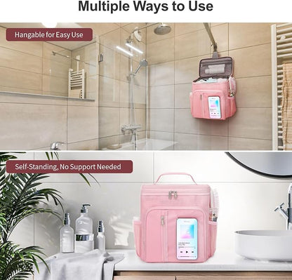 F-color Shower Caddy Portable for College Dorm Essentials - Large Hanging Sturdy Handle Toiletry Tote Bag with Hook, Multiple Pockets, Quick Dry Organizer for Camping, Travel, Gym, Pink